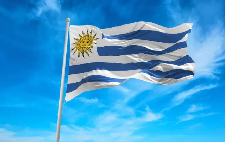 bandeira-do-uruguai-hasteada-e-ceu-azul-ao-fundo