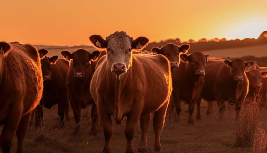 Dairy cow group grazing in organic meadow generated by artificial intelligence