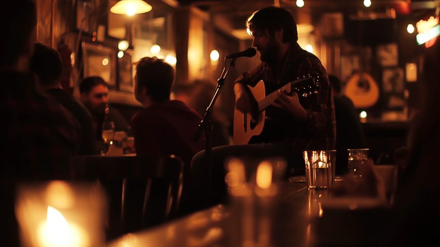 People sitting at a bar with candles and a guitar